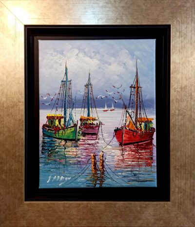 Βαρκούλες στο γιαλό 3 Ελαιογραφίες εισαγωγής Τσούκας - Κορνίζες & Πίνακες Ζωγραφικής