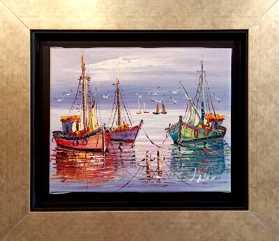 Βαρκούλες στο γιαλό 5 Ελαιογραφίες εισαγωγής Τσούκας - Κορνίζες & Πίνακες Ζωγραφικής