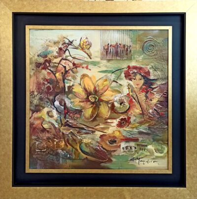 Γυναίκα με λουλούδια 80×80 Τσούκας - Κορνίζες & Πίνακες Ζωγραφικής