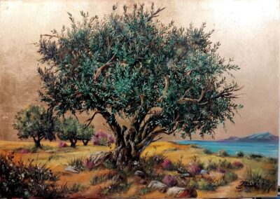 Χρυσή ελιά με θάλασσα 70x100 Τσούκας - Κορνίζες & Πίνακες Ζωγραφικής